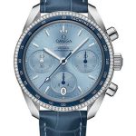 Omega Speedmaster 38 Co-Axial Chronograph Watch – 38 mm Steel Case – Dual Diamond Bezel – Ice Blue Dial – Blue Leather Strap – 324.38.38.50.03.001