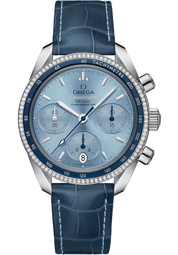 Omega Speedmaster 38 Co-Axial Chronograph Watch – 38 mm Steel Case – Dual Diamond Bezel – Ice Blue Dial – Blue Leather Strap – 324.38.38.50.03.001