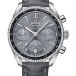 Omega Speedmaster Co-Axial Chronograph Watch – 38 mm Steel Case – Dual Diamond Bezel – Sun Brushed Grey Dial – Grey Leather Strap – 324.38.38.50.06.001