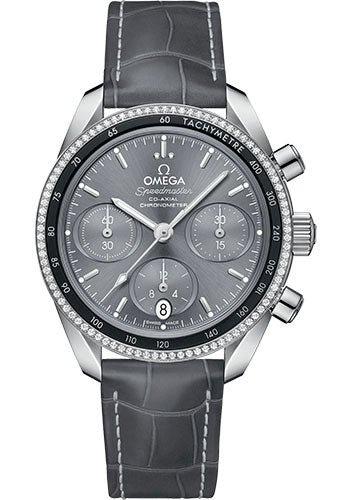 Omega Speedmaster Co-Axial Chronograph Watch – 38 mm Steel Case – Dual Diamond Bezel – Sun Brushed Grey Dial – Grey Leather Strap – 324.38.38.50.06.001