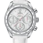 Omega Speedmaster 38 Co-Axial Chronograph Watch – 38 mm Steel Case – Dual Diamond Bezel – Mother-Of-Pearl Diamond Dial – White Leather Strap – 324.38.38.50.55.001