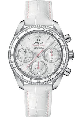 Omega Speedmaster 38 Co-Axial Chronograph Watch – 38 mm Steel Case – Dual Diamond Bezel – Mother-Of-Pearl Diamond Dial – White Leather Strap – 324.38.38.50.55.001