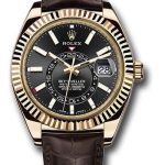 Rolex Yellow Gold Sky-Dweller Watch – Black Index Dial – Brown Leather Strap – 326138