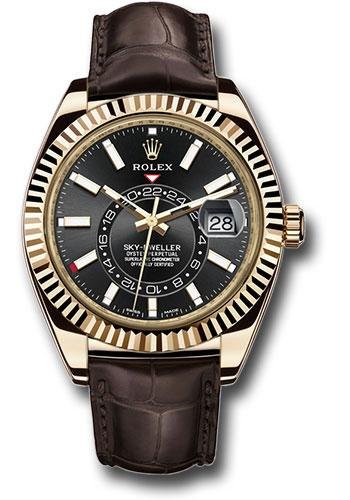 Rolex Yellow Gold Sky-Dweller Watch – Black Index Dial – Brown Leather Strap – 326138
