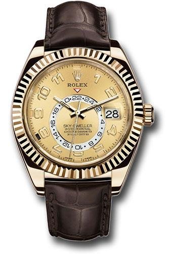 Rolex Yellow Gold Sky-Dweller Watch – Champagne Arabic Dial – Brown Leather Strap – 326138