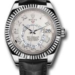 Rolex White Gold Sky-Dweller Watch – Ivory Roman Dial – Black Leather Strap – 326139