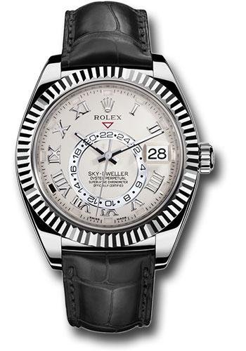 Rolex White Gold Sky-Dweller Watch – Ivory Roman Dial – Black Leather Strap – 326139