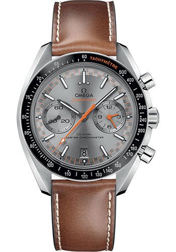 Omega Speedmaster Racing Co-Axial Master Chronograph Watch – 44.25 mm Steel Case – Black Ceramic Bezel – Sun Brushed Grey Dial – Brown Leather Strap – 329.32.44.51.06.001