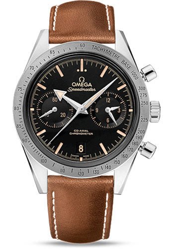 Omega Speedmaster ’57 Omega Co-Axial Chronograph Watch – 41.5 mm Steel Case – Brushed Bezel – Black Dial – Brown Leather Strap – 331.12.42.51.01.002