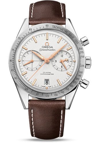 Omega Speedmaster ’57 Omega Co-Axial Chronograph Watch – 41.5 mm Steel Case – Brushed Bezel – Silver Dial – Brown Leather Strap – 331.12.42.51.02.002