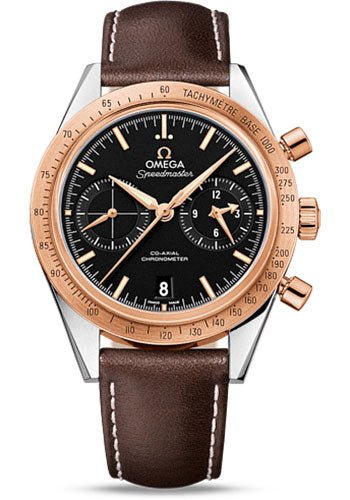 Omega Speedmaster ’57 Omega Co-Axial Chronograph Watch – 41.5 mm Steel Case – Brushed Red Gold Bezel – Black Dial – Brown Leather Strap – 331.22.42.51.01.001