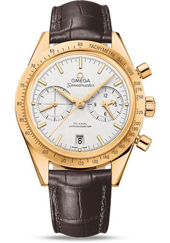Omega Speedmaster ’57 Omega Co-Axial Chronograph Watch – 41.5 mm Yellow Gold Case – Brushed Bezel – Silver Dial – Brown Leather Strap – 331.53.42.51.02.001