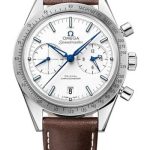 Omega Speedmaster ’57 Omega Co-Axial Chronograph Watch – 41.5 mm Grade 5 Titanium Case – Brushed Bezel – White Dial – Brown Leather Strap – 331.92.42.51.04.001