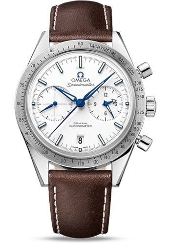 Omega Speedmaster ’57 Omega Co-Axial Chronograph Watch – 41.5 mm Grade 5 Titanium Case – Brushed Bezel – White Dial – Brown Leather Strap – 331.92.42.51.04.001