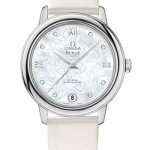 Omega De Ville Prestige Co-Axial Watch – 32.7 mm Steel Case – Mother-Of-Pearl Diamond Dial – White Satin-Brushed Leather Strap – 424.12.33.20.55.001