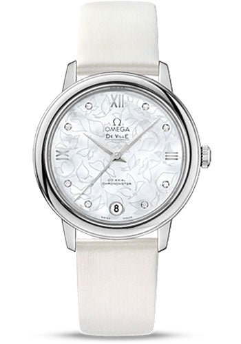 Omega De Ville Prestige Co-Axial Watch – 32.7 mm Steel Case – Mother-Of-Pearl Diamond Dial – White Satin-Brushed Leather Strap – 424.12.33.20.55.001