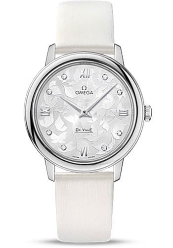 Omega De Ville Prestige Quartz Watch – 32.7 mm Steel Case – Silver Dial – White Satin-Brushed Leather Strap – 424.12.33.60.52.001