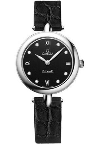 Omega De Ville Prestige Quartz Dewdrop Watch – 27.4 mm Steel Case – Black Dial – Leather Strap – 424.13.27.60.51.001