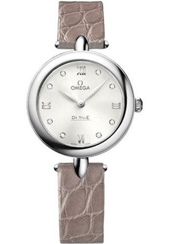 Omega De Ville Prestige Quartz Dewdrop Watch – 27.4 mm Steel Case – Silvery-Sun Dial – Leather Strap – 424.13.27.60.52.001