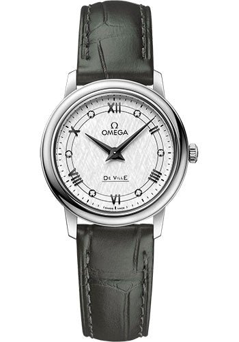 Omega De Ville Prestige Quartz Watch – 27.4 mm Steel Case – White Silvery Dial – Hunter Green Leather Strap – 424.13.27.60.52.002