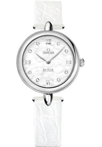 Omega De Ville Prestige Quartz Dewdrop Watch – 27.4 mm Steel Case – Mother-Of-Pearl Dial – Leather Strap – 424.13.27.60.55.001
