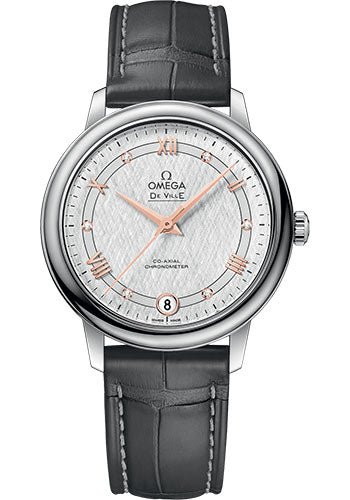 Omega De Ville Prestige Co-Axial Watch – 32.7 mm Steel Case – White Silvery Dial – Grey Leather Strap – 424.13.33.20.52.001
