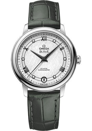 Omega De Ville Prestige Co-Axial Watch – 32.7 mm Steel Case – White Silvery Dial – Hunter Green Leather Strap – 424.13.33.20.52.002