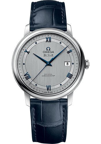 Omega De Ville Prestige Co-Axial Watch – 39.5 mm Steel Case – Rhodium-Silvery Dial – Blue Leather Strap – 424.13.40.20.02.003