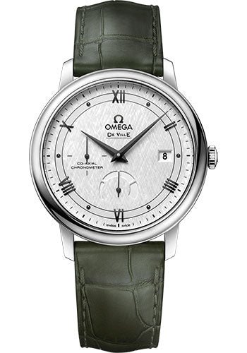 Omega De Ville Prestige Co-Axial Power Reserve Watch – 39.5 mm Steel Case – White Silvery Dial – Hunter Green Leather Strap – 424.13.40.21.02.004