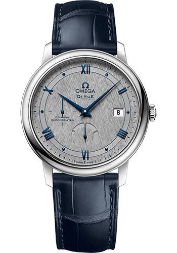 Omega De Ville Prestige Co-Axial Power Reserve Watch – 39.5 mm Steel Case – Grey Dial – Blue Leather Strap – 424.13.40.21.06.002