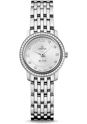 Omega De Ville Prestige Quartz Watch – 24.4 mm Steel Case – Diamond Bezel – Silver Diamond Dial – 424.15.24.60.52.001