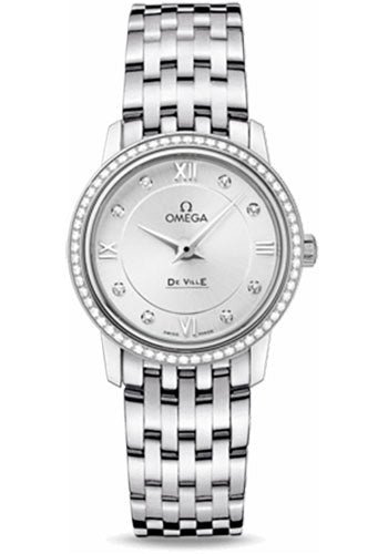 Omega De Ville Prestige Quartz Watch – 27.4 mm Steel Case – Diamond Bezel – Silver Diamond Dial – 424.15.27.60.52.001