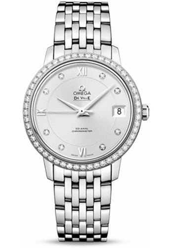 Omega De Ville Prestige Co-Axial Watch – 32.7 mm Steel Case – Diamond Bezel – Silver Diamond Dial – 424.15.33.20.52.001