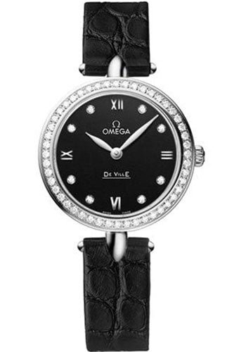 Omega De Ville Prestige Quartz Dewdrop Watch – 27.4 mm Steel Case – Black Dial – Leather Strap – 424.18.27.60.51.001
