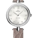 Omega De Ville Prestige Quartz Dewdrop Watch – 27.4 mm Steel Case – Radiant Diamond Paved Bezel – Silvery-Sun Dial – Leather Strap – 424.18.27.60.52.001