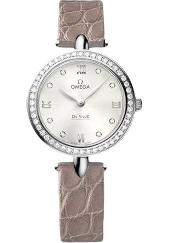 Omega De Ville Prestige Quartz Dewdrop Watch – 27.4 mm Steel Case – Radiant Diamond Paved Bezel – Silvery-Sun Dial – Leather Strap – 424.18.27.60.52.001