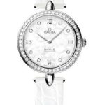 Omega De Ville Prestige Quartz Dewdrop Watch – 27.4 mm Steel Case – Radiant Diamond Paved Bezel – Mother-Of-Pearl Dial – Leather Strap – 424.18.27.60.55.001