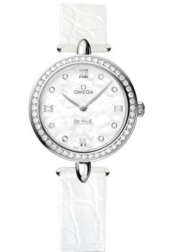 Omega De Ville Prestige Quartz Dewdrop Watch – 27.4 mm Steel Case – Radiant Diamond Paved Bezel – Mother-Of-Pearl Dial – Leather Strap – 424.18.27.60.55.001