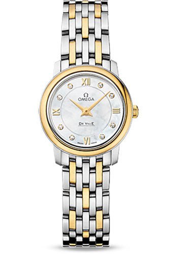 Omega De Ville Prestige Quartz Watch – 24.4 mm Steel Case – Yellow Gold Bezel – Mother-Of-Pearl Diamond Dial – Yellow Gold Bracelet – 424.20.24.60.55.001