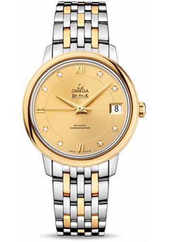 Omega De Ville Prestige Co-Axial Watch – 32.7 mm Steel And Yellow Gold Case – Champagne Diamond Dial – 424.20.33.20.58.001