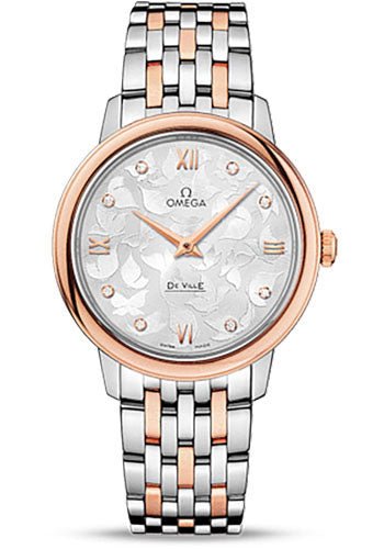 Omega De Ville Prestige Quartz Watch – 32.7 mm Steel Case – 8K Red Gold Bezel – Silver Diamond Dial – Red Gold-Steel Bracelet – 424.20.33.60.52.001