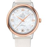 Omega De Ville Prestige Co-Axial Watch – 32.7 mm Steel Case – Red Gold Bezel – Mother-Of-Pearl Diamond Dial – White Satin-Brushed Leather Strap – 424.22.33.20.55.001