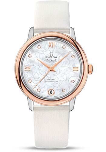 Omega De Ville Prestige Co-Axial Watch – 32.7 mm Steel Case – Red Gold Bezel – Mother-Of-Pearl Diamond Dial – White Satin-Brushed Leather Strap – 424.22.33.20.55.001