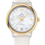 Omega De Ville Prestige Co-Axial Watch – 32.7 mm Steel Case – Yellow Gold Bezel – Mother-Of-Pearl Diamond Dial – White Satin-Brushed Leather Strap – 424.22.33.20.55.002