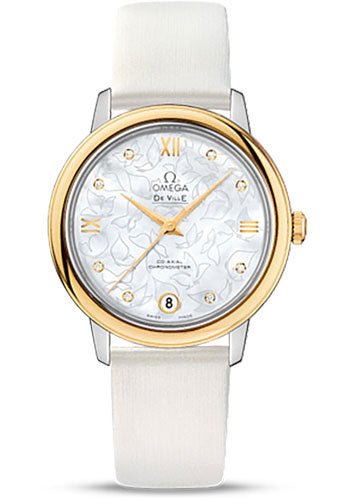 Omega De Ville Prestige Co-Axial Watch – 32.7 mm Steel Case – Yellow Gold Bezel – Mother-Of-Pearl Diamond Dial – White Satin-Brushed Leather Strap – 424.22.33.20.55.002