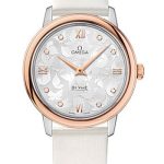 Omega De Ville Prestige Quartz Watch – 32.7 mm Steel Case – Red Gold Bezel – Silver Diamond Dial – White Satin-Brushed Leather Strap – 424.22.33.60.52.001