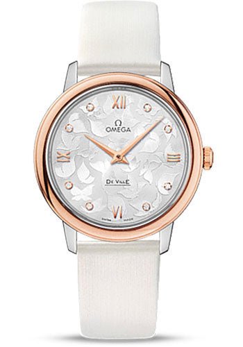 Omega De Ville Prestige Quartz Watch – 32.7 mm Steel Case – Red Gold Bezel – Silver Diamond Dial – White Satin-Brushed Leather Strap – 424.22.33.60.52.001