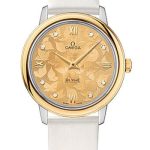 Omega De Ville Prestige Quartz Watch – 32.7 mm Steel Case – Yellow Gold Bezel – Champagne Diamond Dial – White Satin-Brushed Leather Strap – 424.22.33.60.58.001
