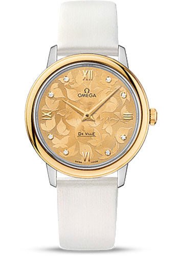 Omega De Ville Prestige Quartz Watch – 32.7 mm Steel Case – Yellow Gold Bezel – Champagne Diamond Dial – White Satin-Brushed Leather Strap – 424.22.33.60.58.001