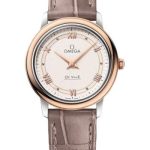 Omega De Ville Prestige Quartz Watch – 27.4 mm Steel And Red Gold Case – Varnished Shimmer Ivory-Beige Dial – Taupe-Brown Leather Strap – 424.23.27.60.09.001